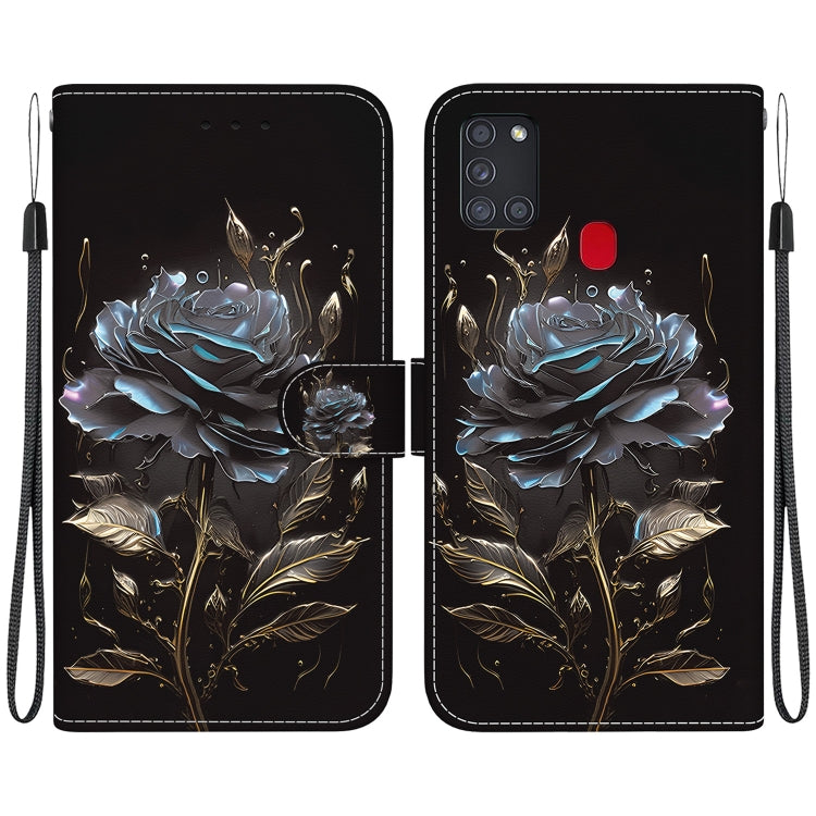 Samsung Galaxy A21s leather phone case with crystal texture, showcasing card slots and kickstand feature.